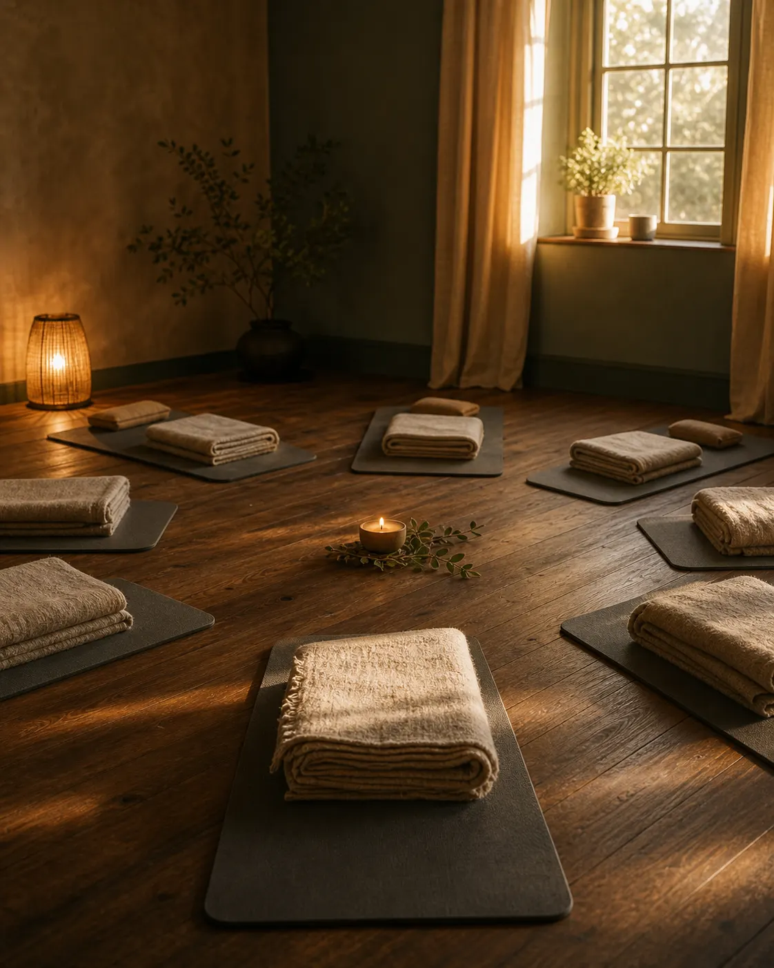 A candlelit practice room with mats and folded blankets arranged in a circle