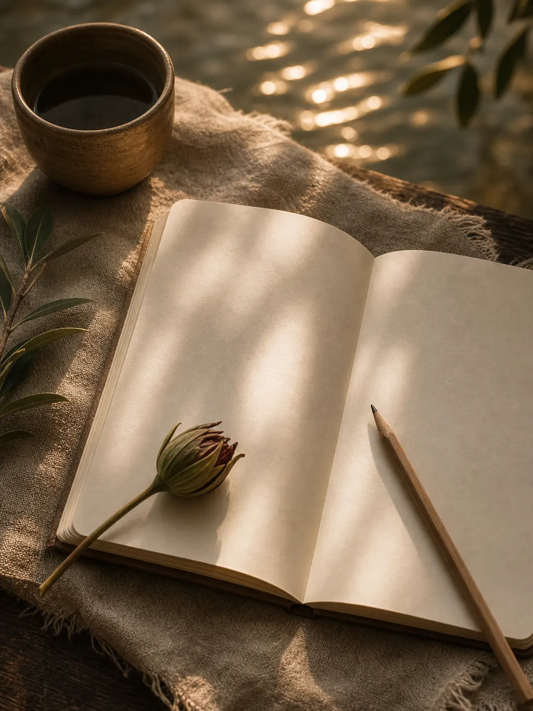 An open journal with a pencil resting in warm light